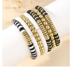 New Gold and Black Beaded Stretch Bracelet Set OS